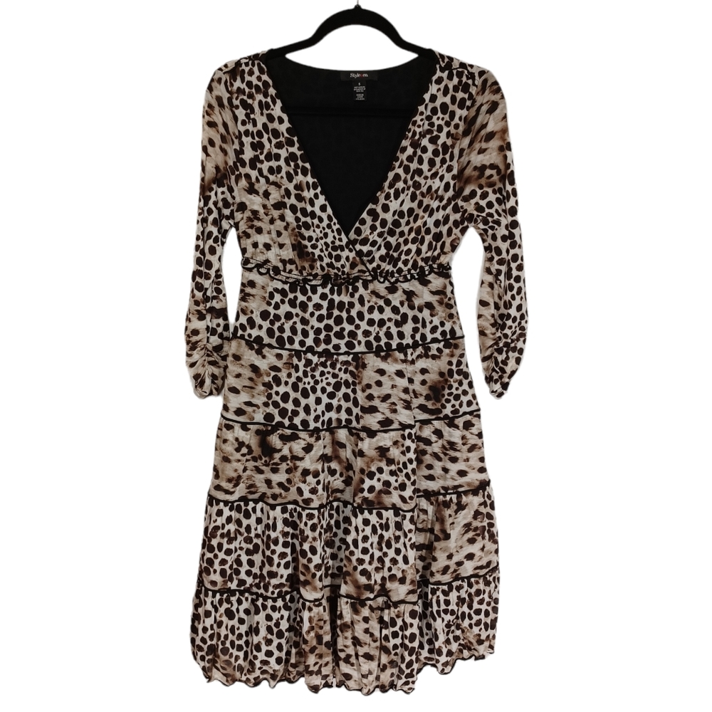 STYLE & CO Leopard Animal Print V Neck Ruffle Tiered Midi Dress Small